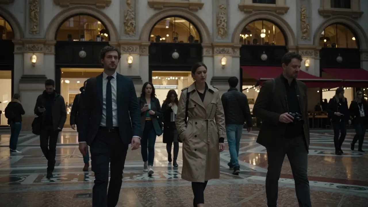 Silent figures walking through a hidden courtyard in Milan's Galleria Vittorio Emanuele II at twilight.