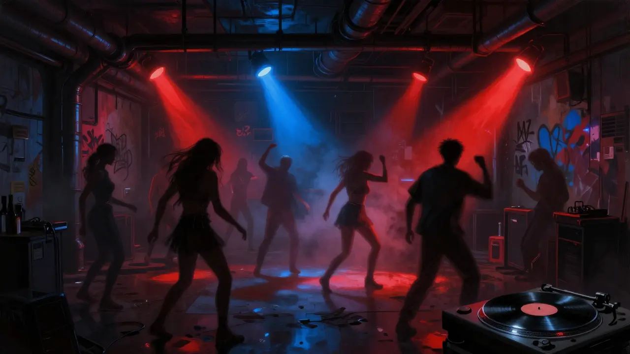 Silhouettes of dancers in an underground warehouse party with strobing lights and smoke.
