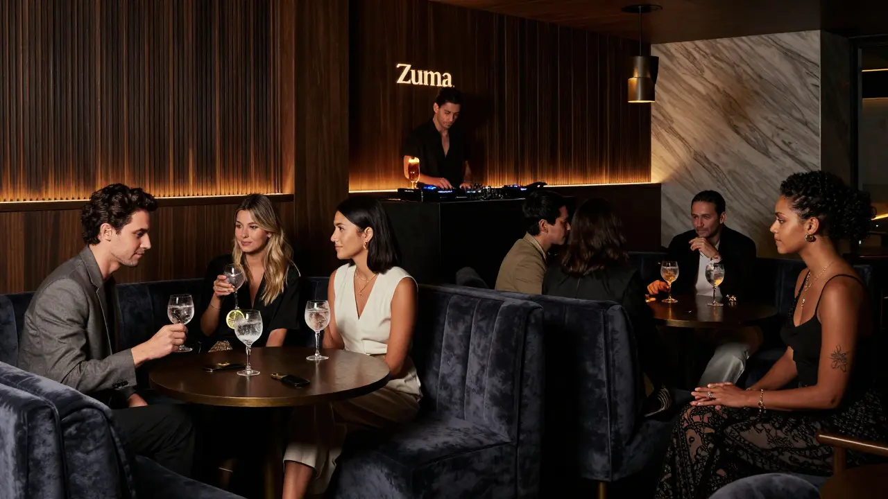Sophisticated patrons in velvet booths at Zuma restaurant-bar, soft lighting and minimalist decor.