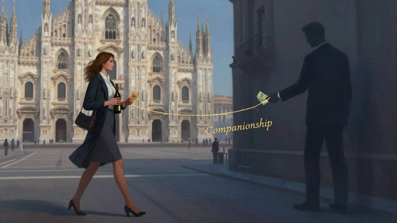 Split image: elegant companionship beside Duomo versus shadowy cash exchange, connected by a fraying golden thread.