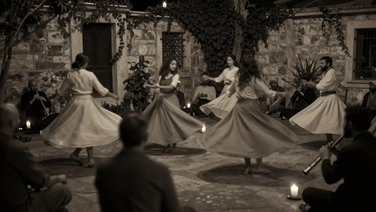 Sufi dervishes whirling in a candlelit garden at night, surrounded by shadowy figures in quiet reverence.
