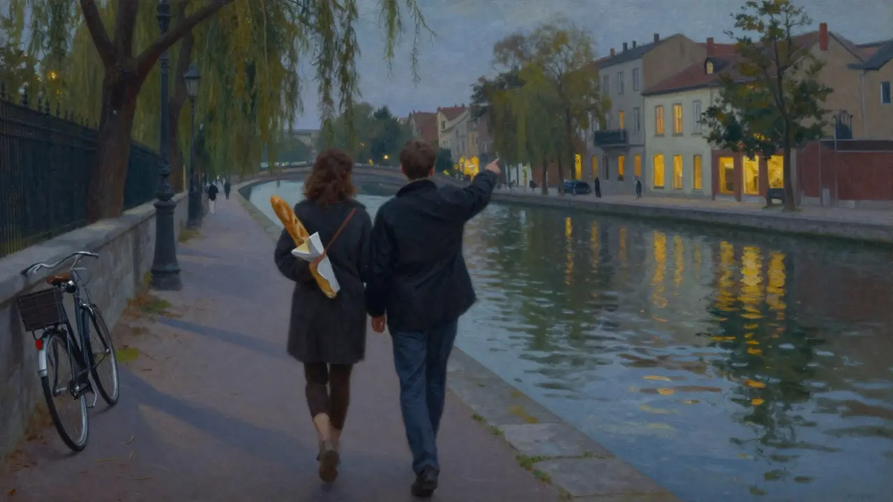 Two figures walking along Canal Saint-Martin at twilight, holding bread and cheese, lights reflecting on water.