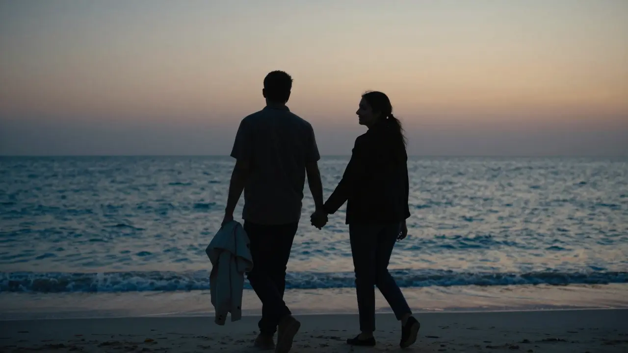 Two figures walking side by side along a Dubai beach at twilight, maintaining respectful distance, a quiet moment of mutual understanding.