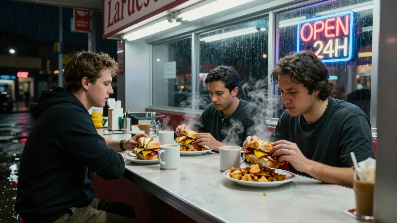Two people eating breakfast sandwiches at a 24-hour Camden diner, coffee mugs and steam in the foreground.