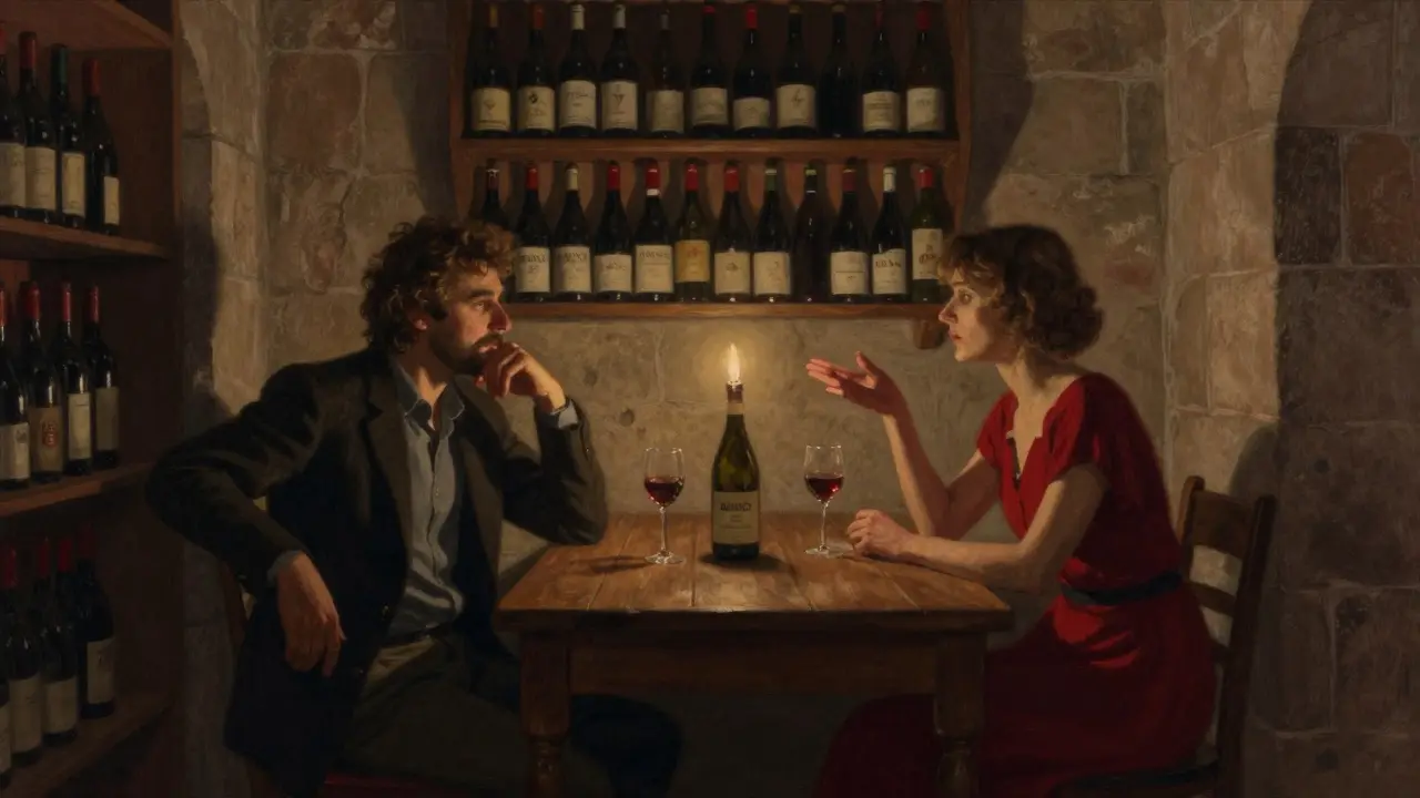 Two people share a quiet wine dinner in a candlelit Milanese cellar with aged bottles in the background.
