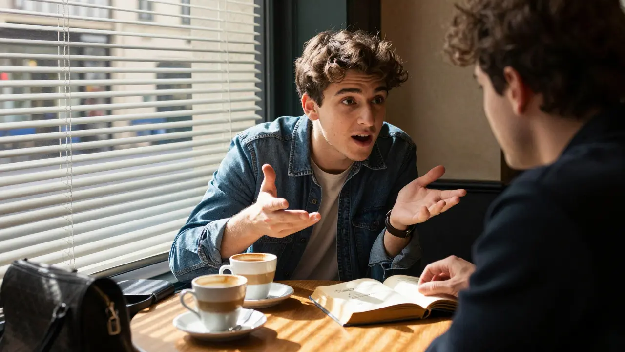 Two people sit together in a cozy Paris café, discussing literature over coffee in natural daylight.