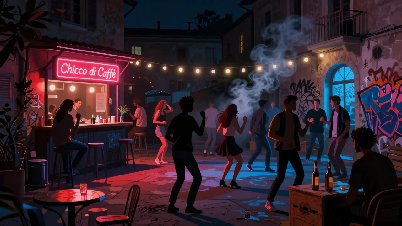 Underground dance party in Porta Ticinese with diverse crowd dancing in a hidden courtyard at night.