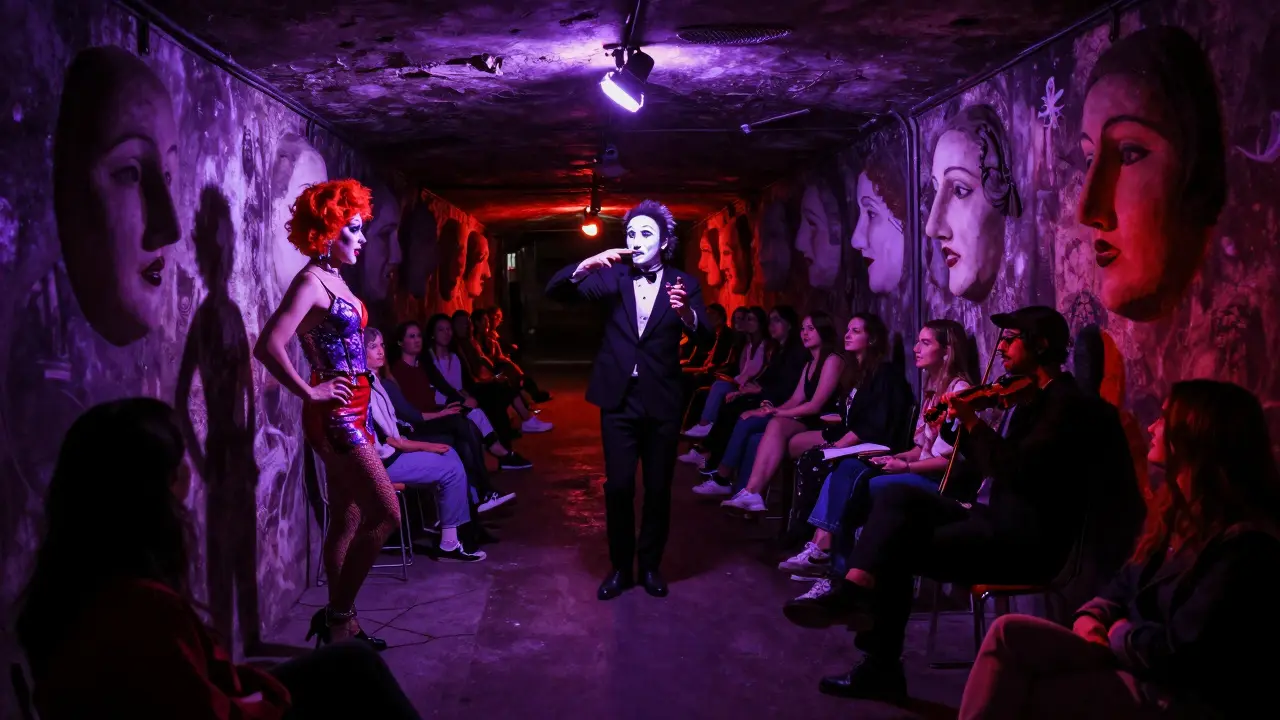 Underground subway cabaret with surreal murals and unique performers in dim colored lights.