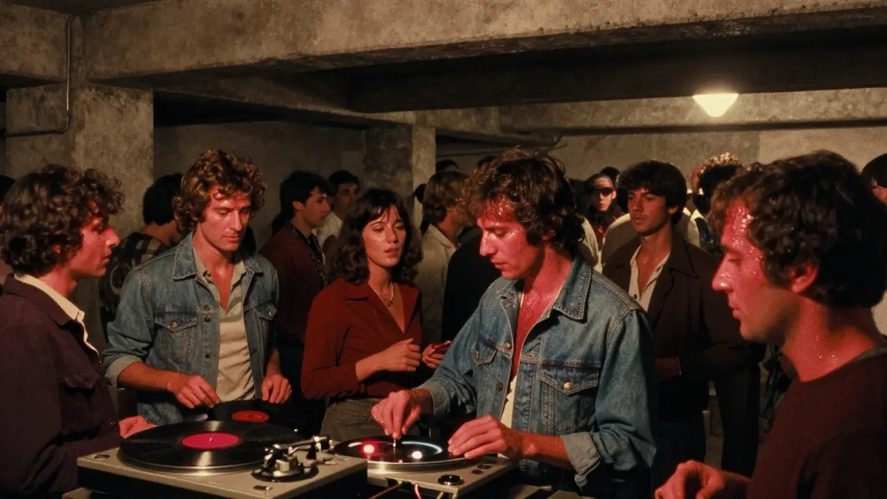 Underground warehouse party with vinyl records and dim red lighting in Karaköy.