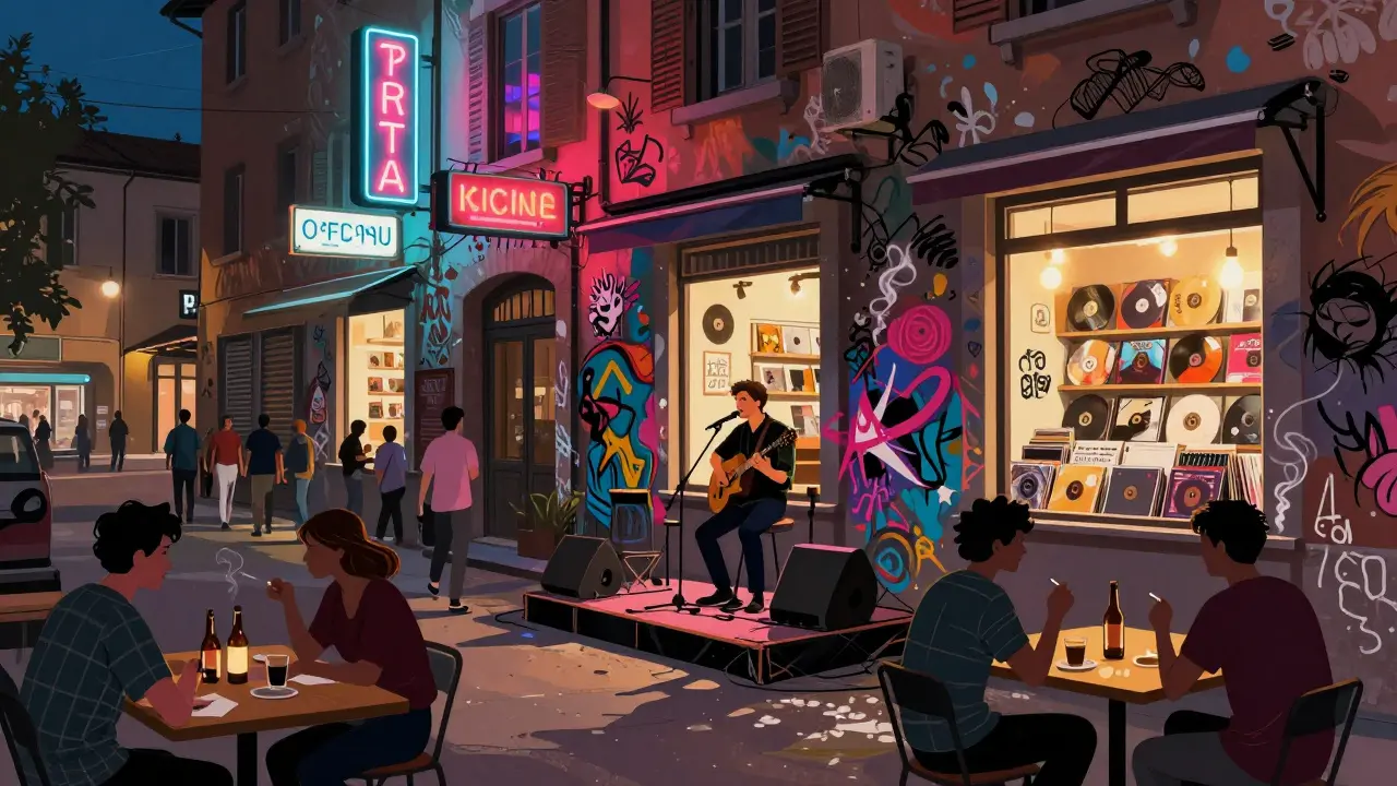 Vibrant street art and dancing crowds in Porta Ticinese with live music and glowing record shops.