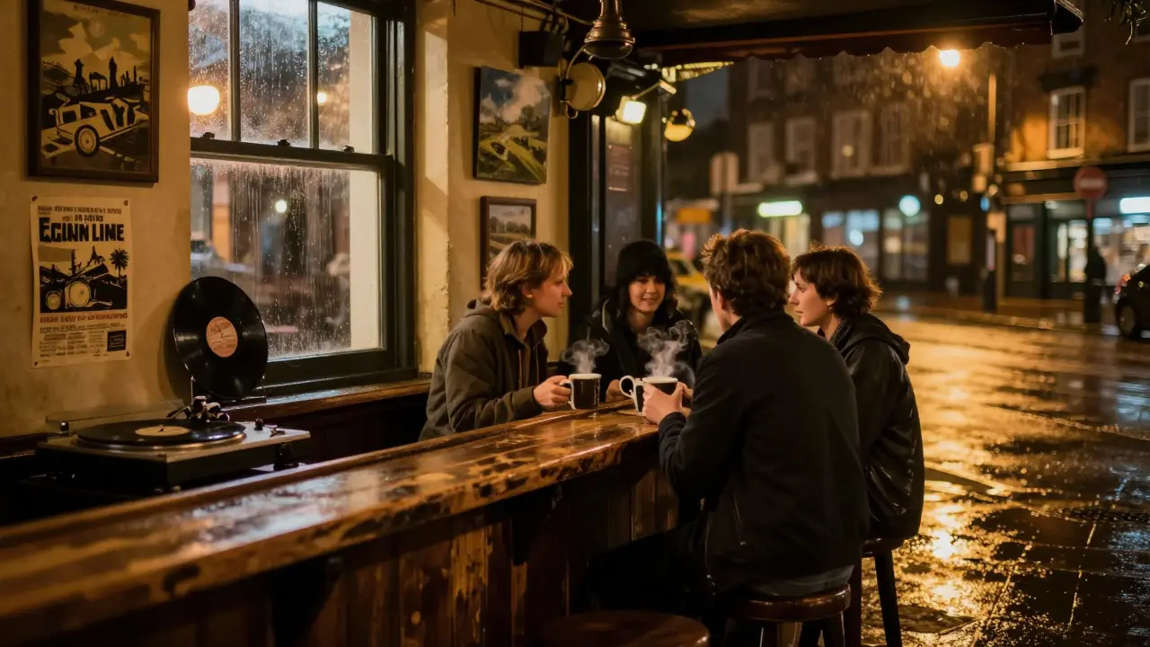 Warm neighborhood pub with vinyl record playing and friends chatting by the window.