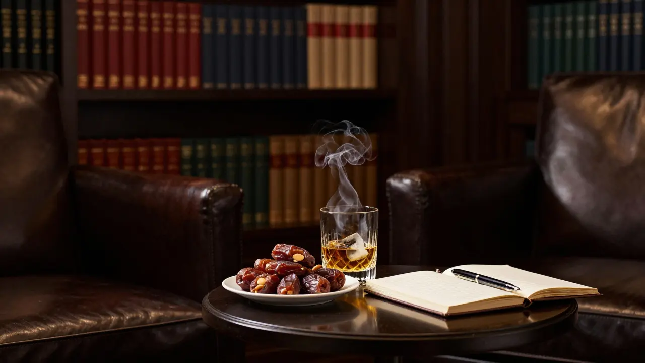 Whiskey and dates on a leather table in The Library, books and notebook nearby in soft light.