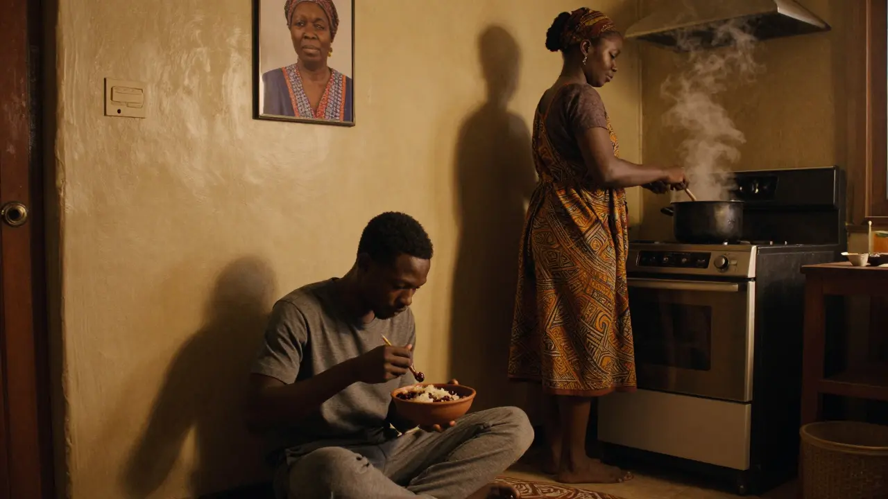 Young man eating rice and beans with a woman in a cozy Brixton kitchen.