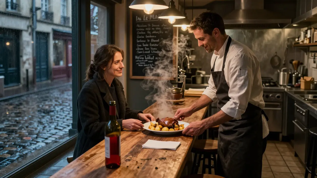 A chef serving duck confit at midnight in a cozy Parisian kitchen with steam rising from the plate.
