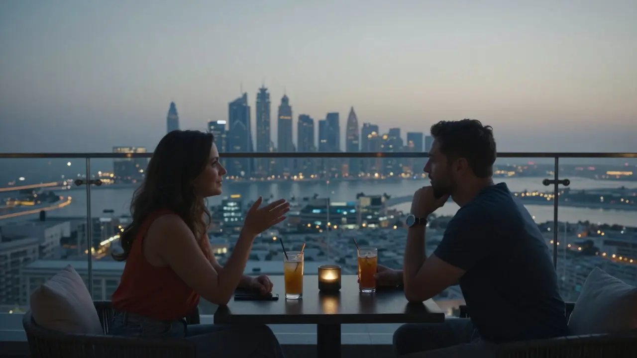 A couple at The View at The Palm, overlooking Dubai's glittering skyline at dusk.