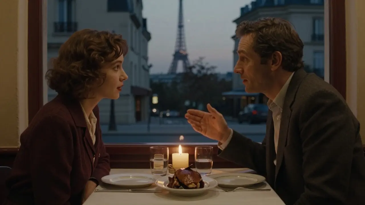 A couple dining in a hidden Parisian courtyard, candlelight illuminating their quiet conversation.