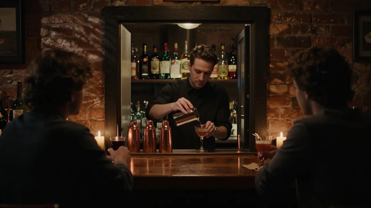 A couple in a hidden speakeasy bar, being served handcrafted cocktails by a bartender in low candlelight.