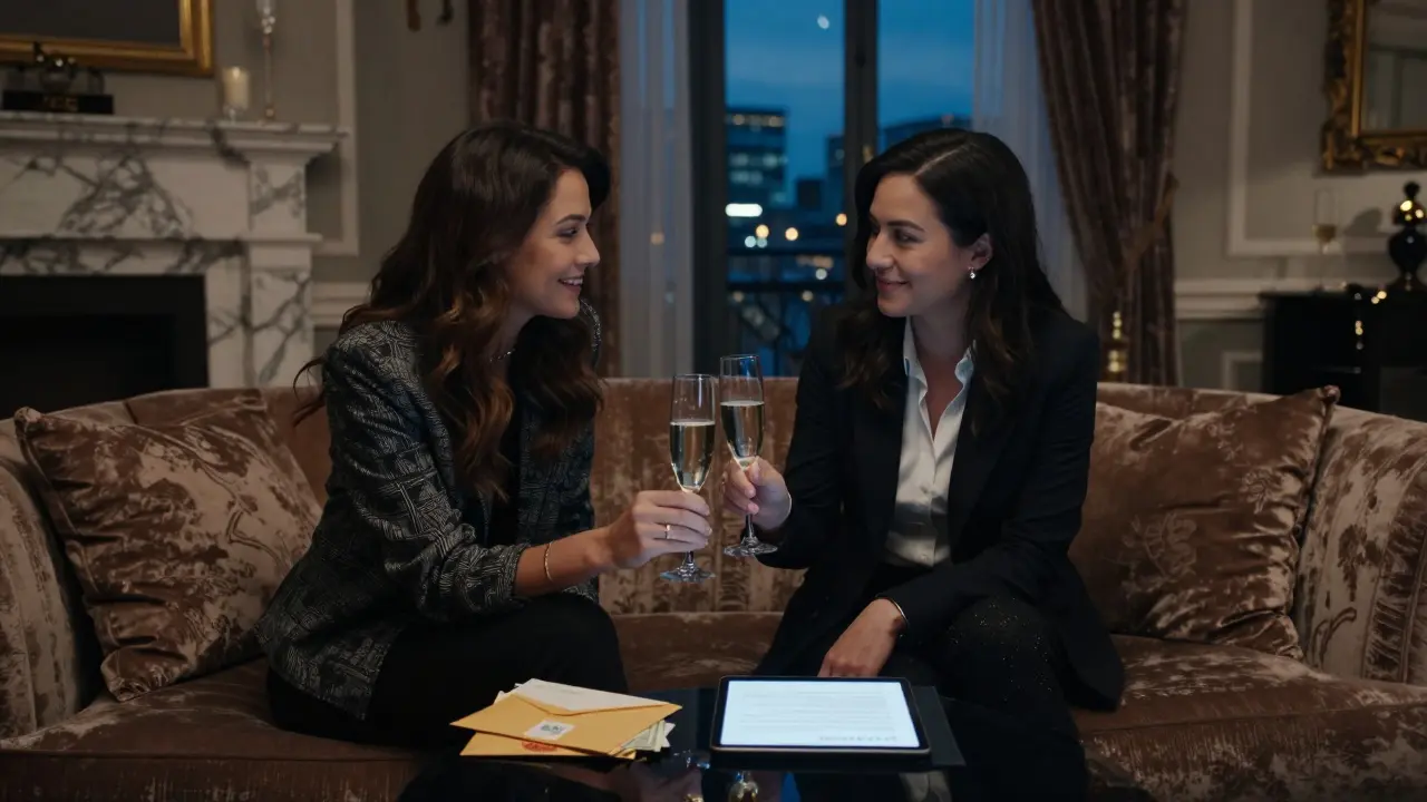 A couple in a luxury Milan hotel room sharing champagne, with a written agreement visible on a tablet beside them.