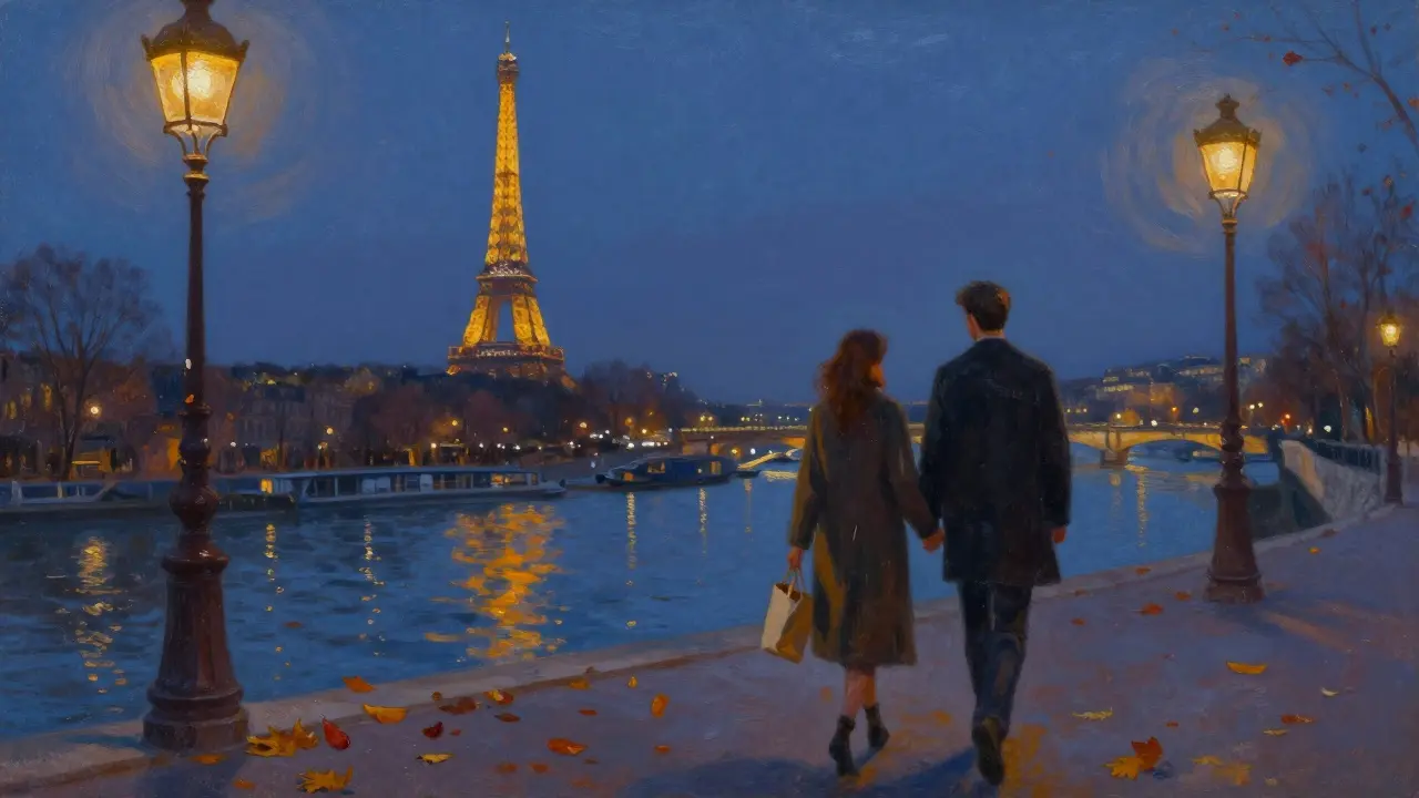 A couple strolls along the Seine at dusk, Eiffel Tower twinkling in the distance, reflections on the water.