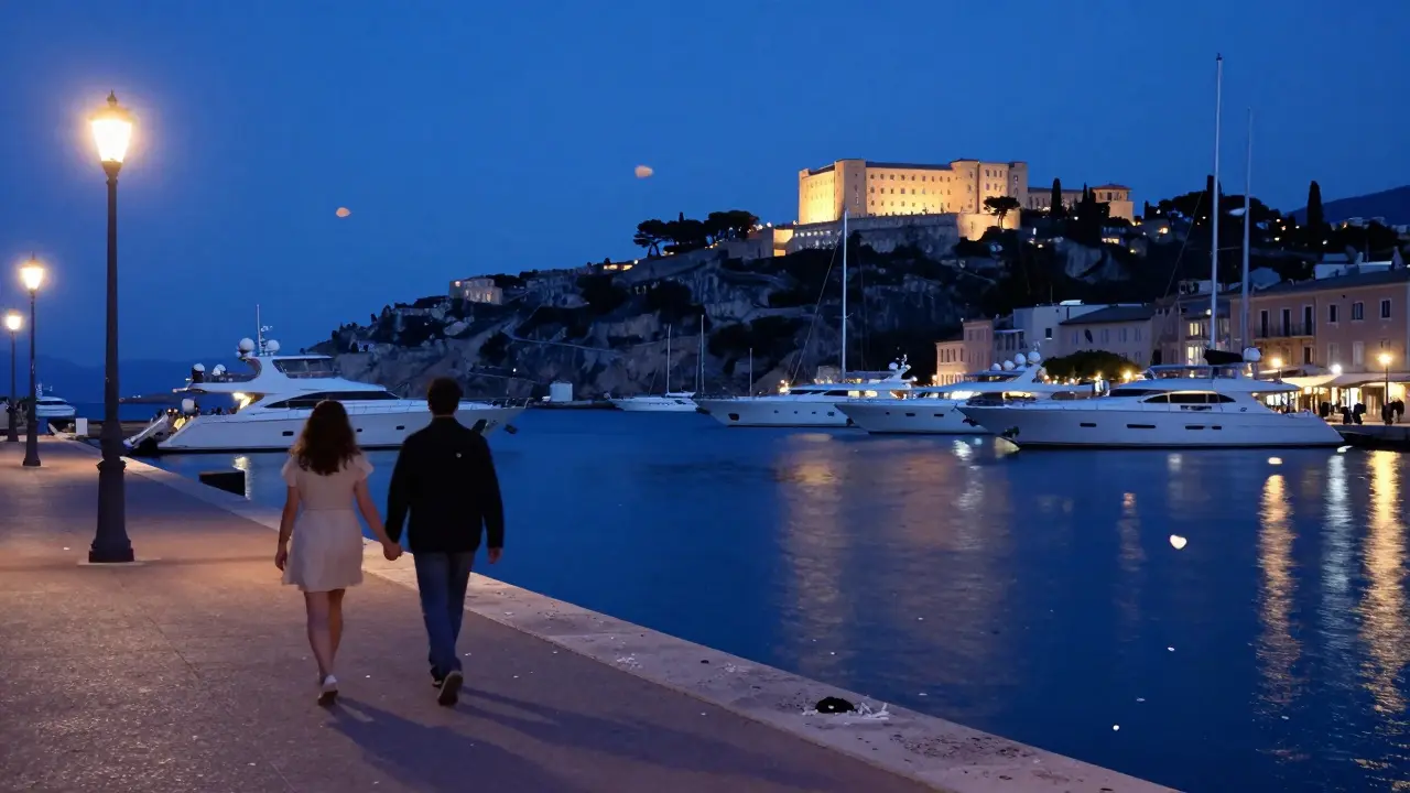 A couple walks hand in hand along Monaco's harbor at midnight, yachts softly lit, water reflecting the gentle glow of night lights.