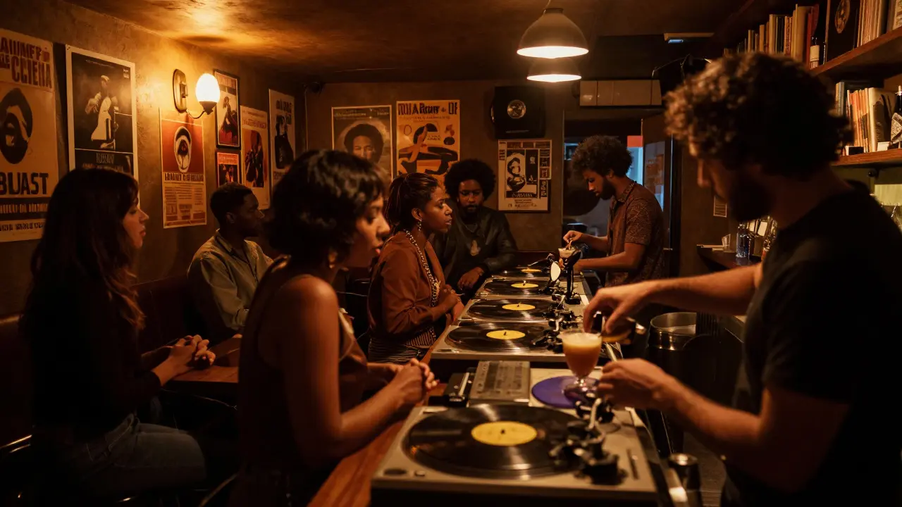 A cozy, dimly lit jazz bar with people dancing gently to vinyl records, no phones, warm lighting, and shelves of books in the background.