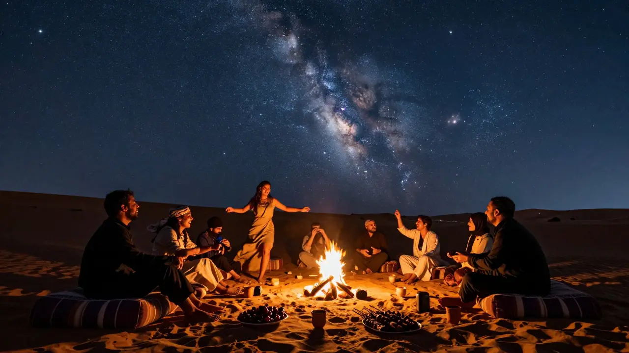 A desert gathering under a starry sky around a fire, people dancing barefoot in the sand.