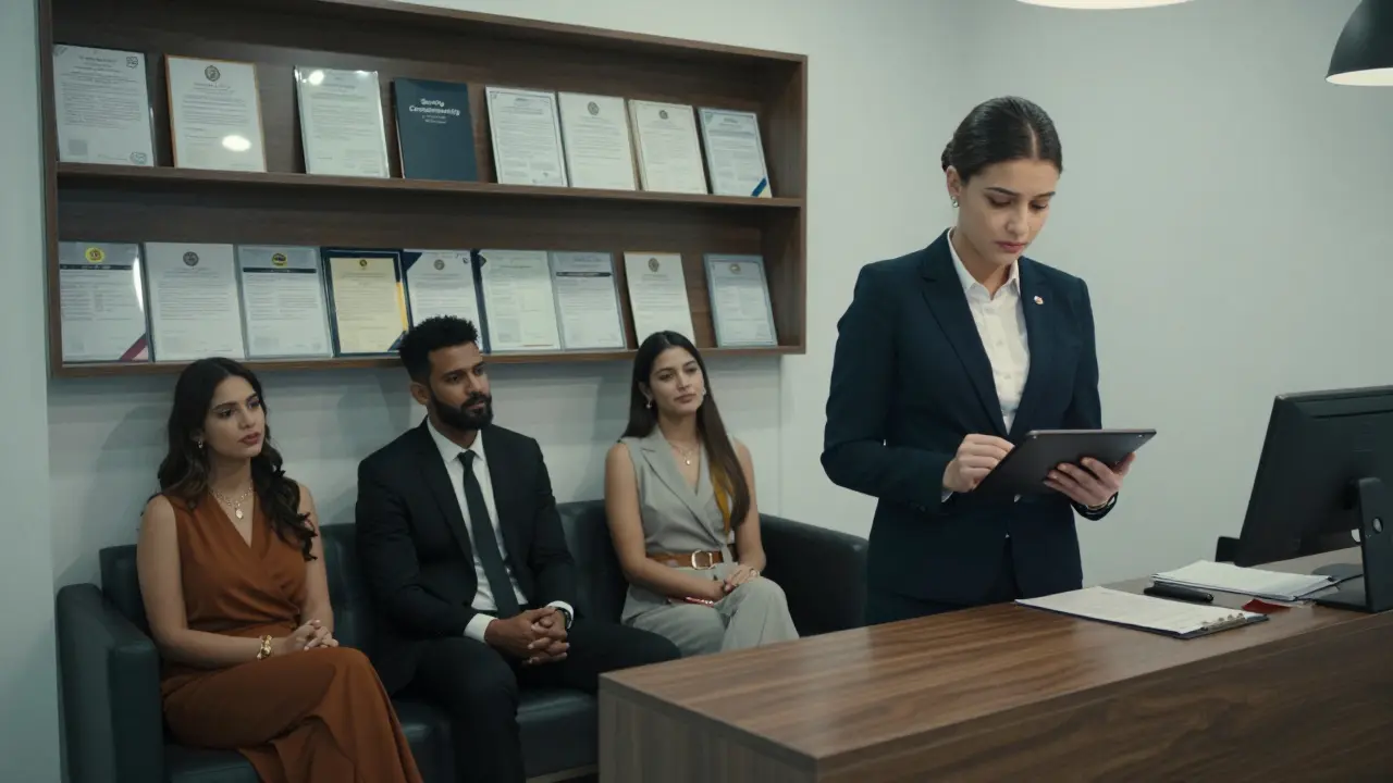 A discreet companionship agency office with diverse companions waiting professionally in a modern setting.