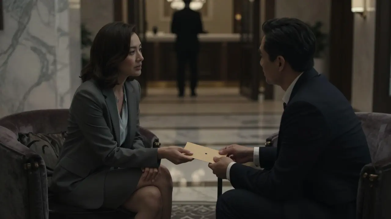 A discreet exchange in a luxury hotel lobby, emphasizing privacy and professionalism.