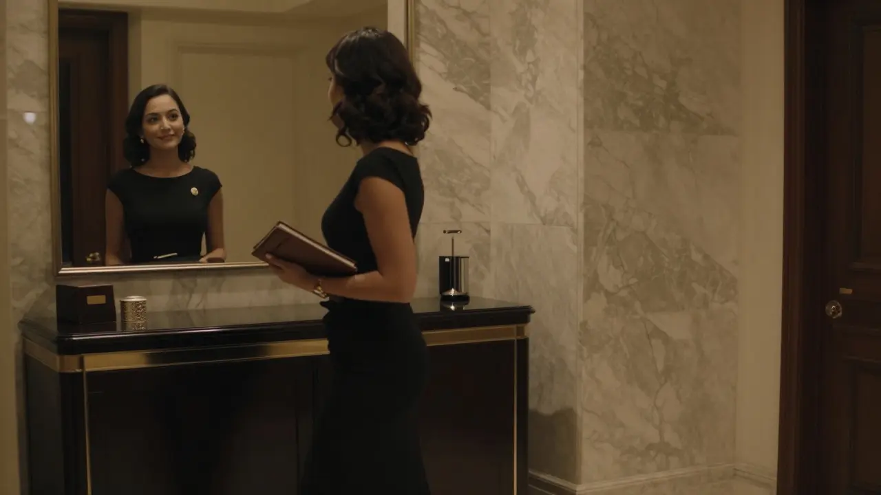 A discreetly dressed woman walking past a hotel concierge desk in a five-star Dubai hotel at night.