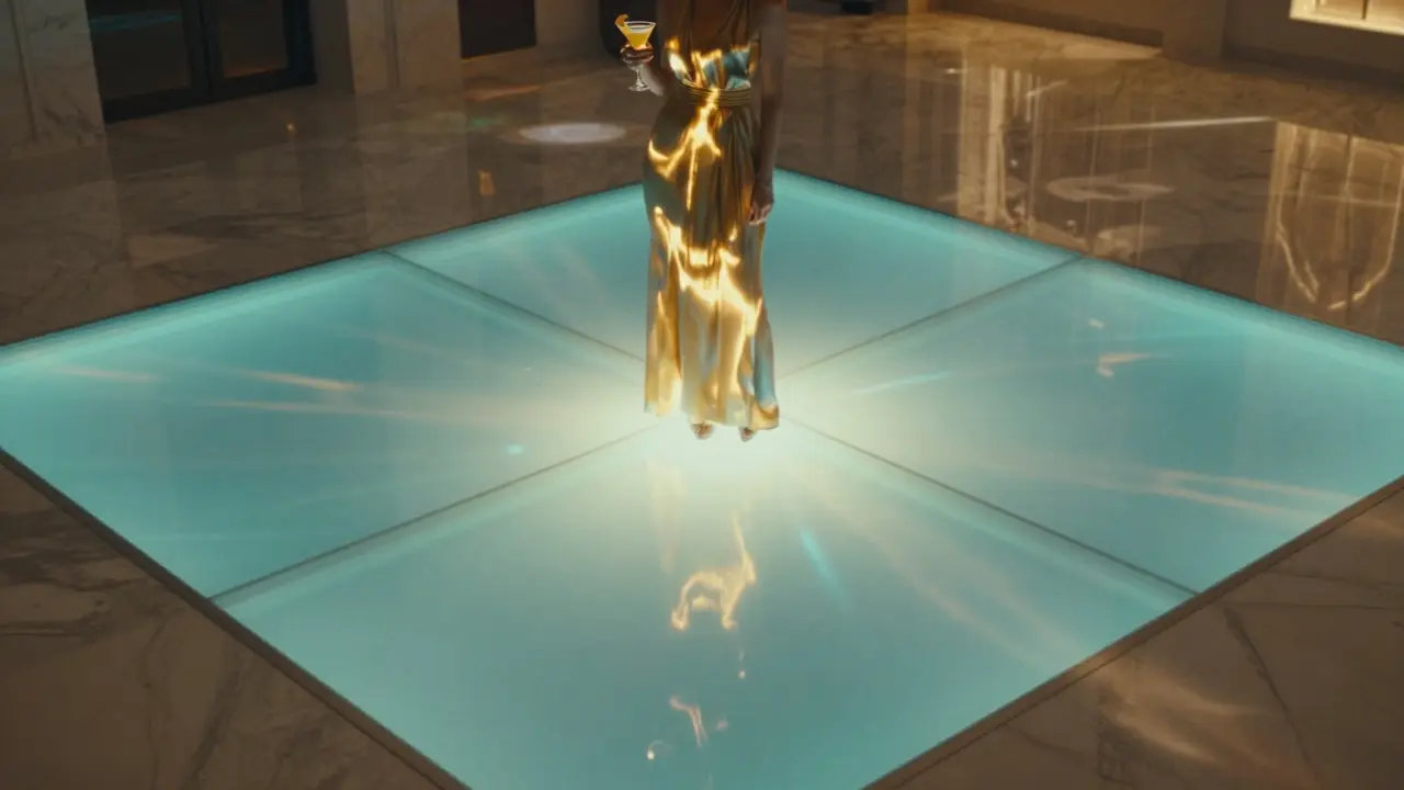 A glowing glass dance floor with a lone person in an evening dress, lit by shifting colors beneath.