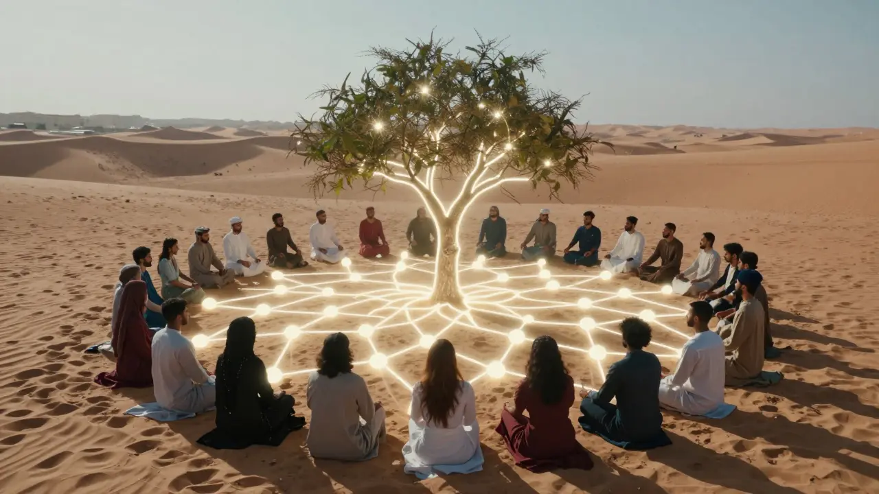 A glowing tree in the desert is surrounded by diverse people forming a circle, symbolizing community and authentic human connection.