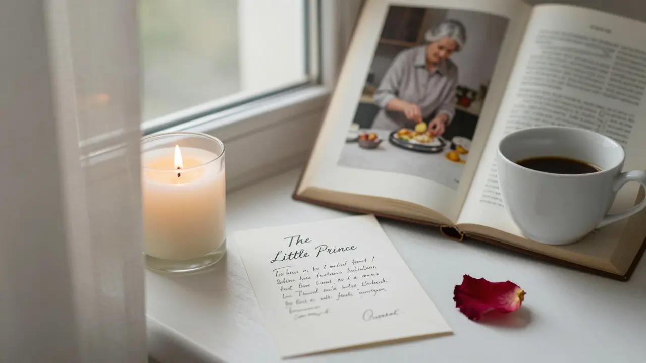 A handwritten postcard and open book on a windowsill, symbolizing a meaningful, unspoken connection.