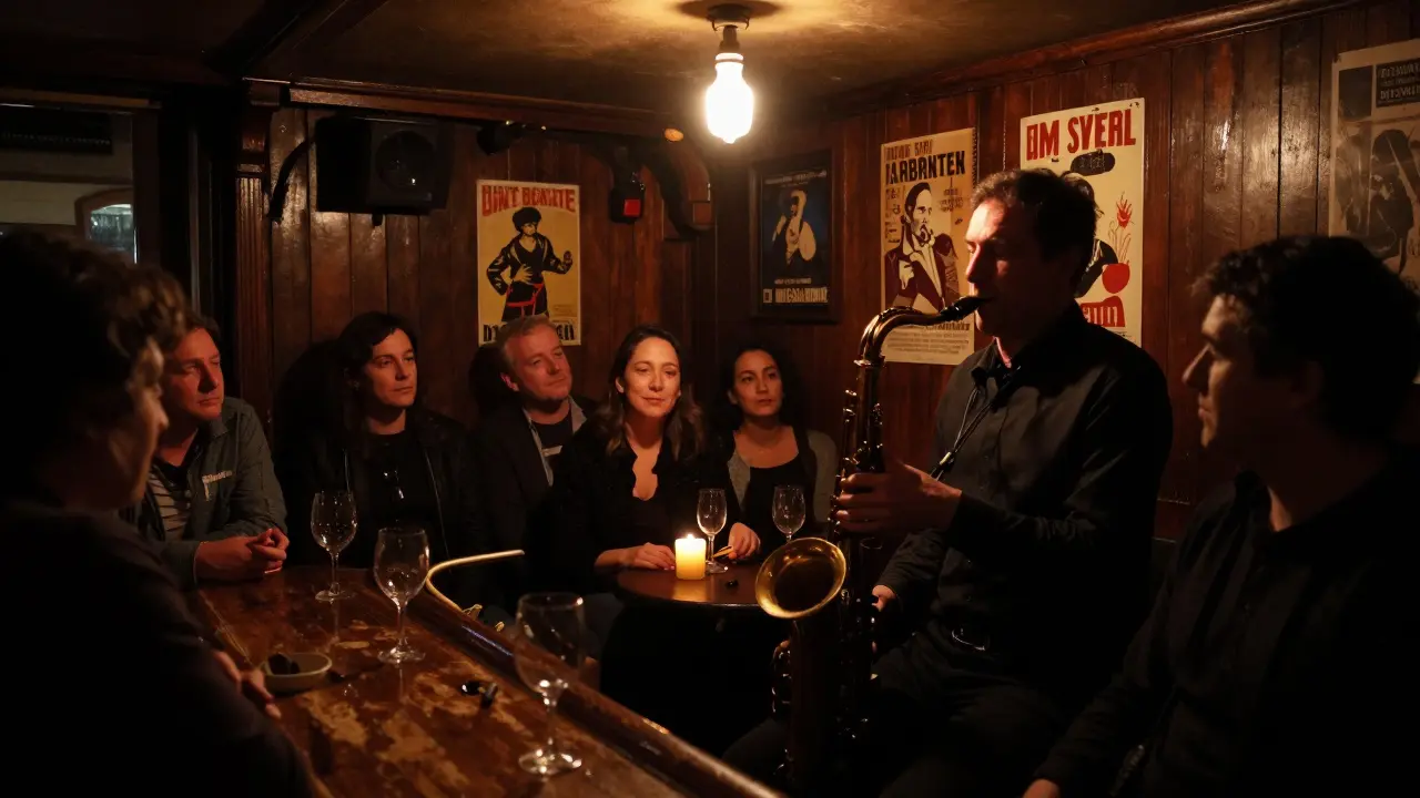 A intimate jazz cellar in Saint-Germain with a saxophonist playing under a single bulb and silent patrons swaying.