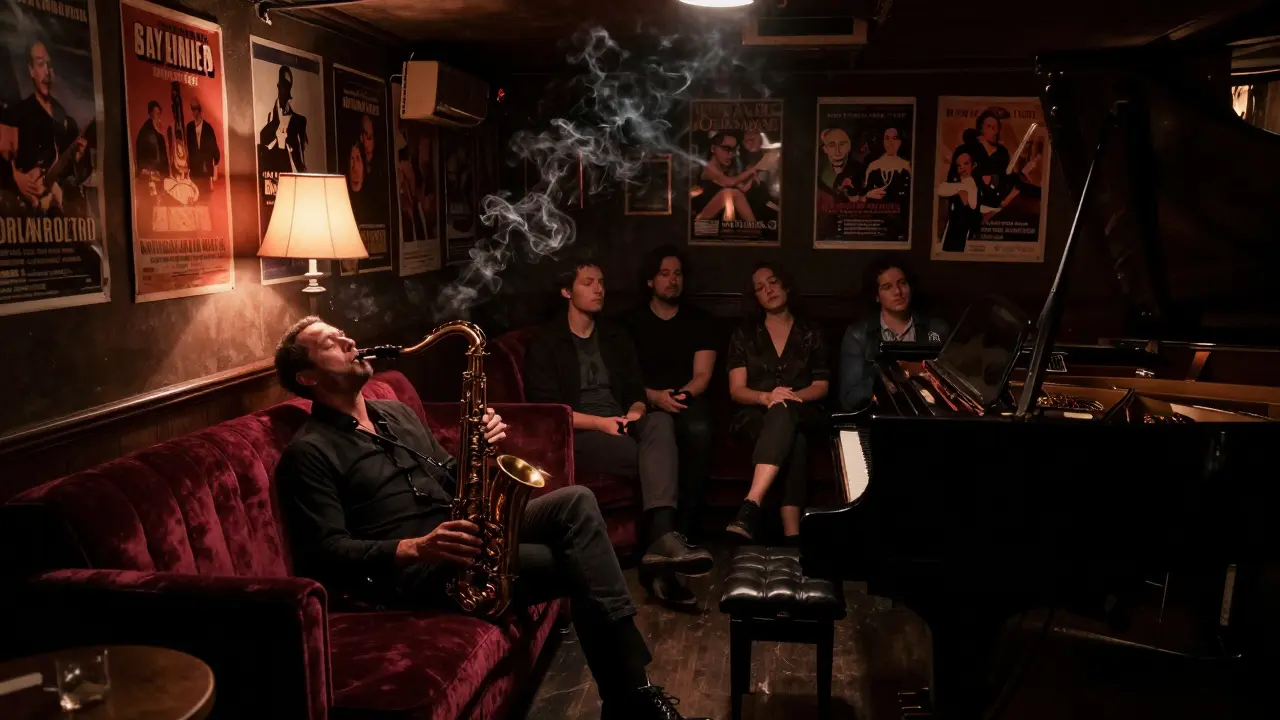 A jazz saxophonist playing in a dim basement club, surrounded by velvet couches and warm low lighting.