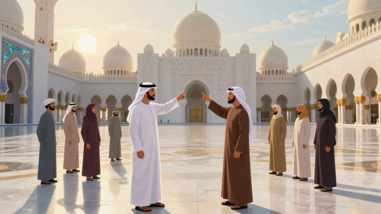 A licensed tour guide leads a group of visitors through the Sheikh Zayed Grand Mosque at sunrise, sharing cultural insights.