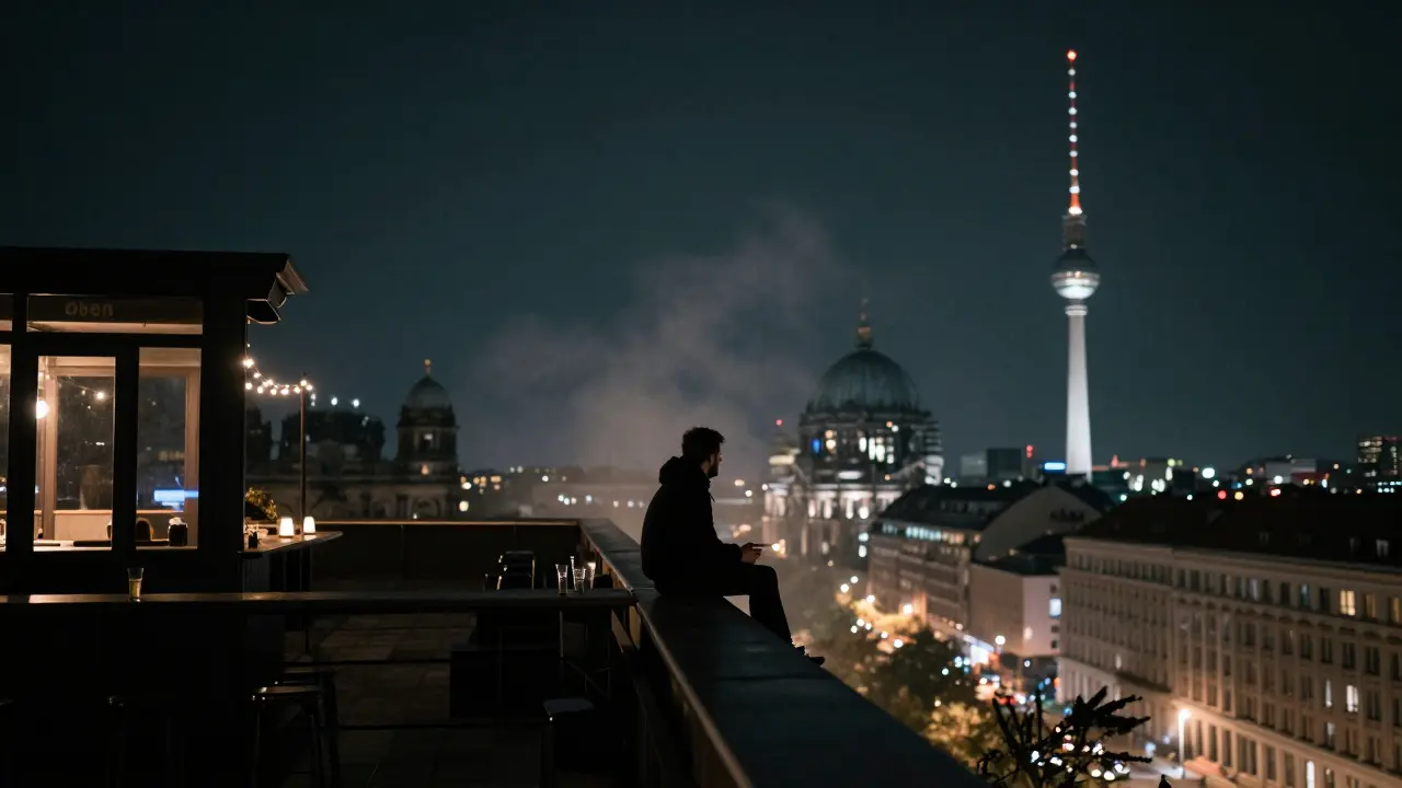 A lone figure on a rooftop at night overlooking Berlin’s cathedral and TV tower, soft city lights below.