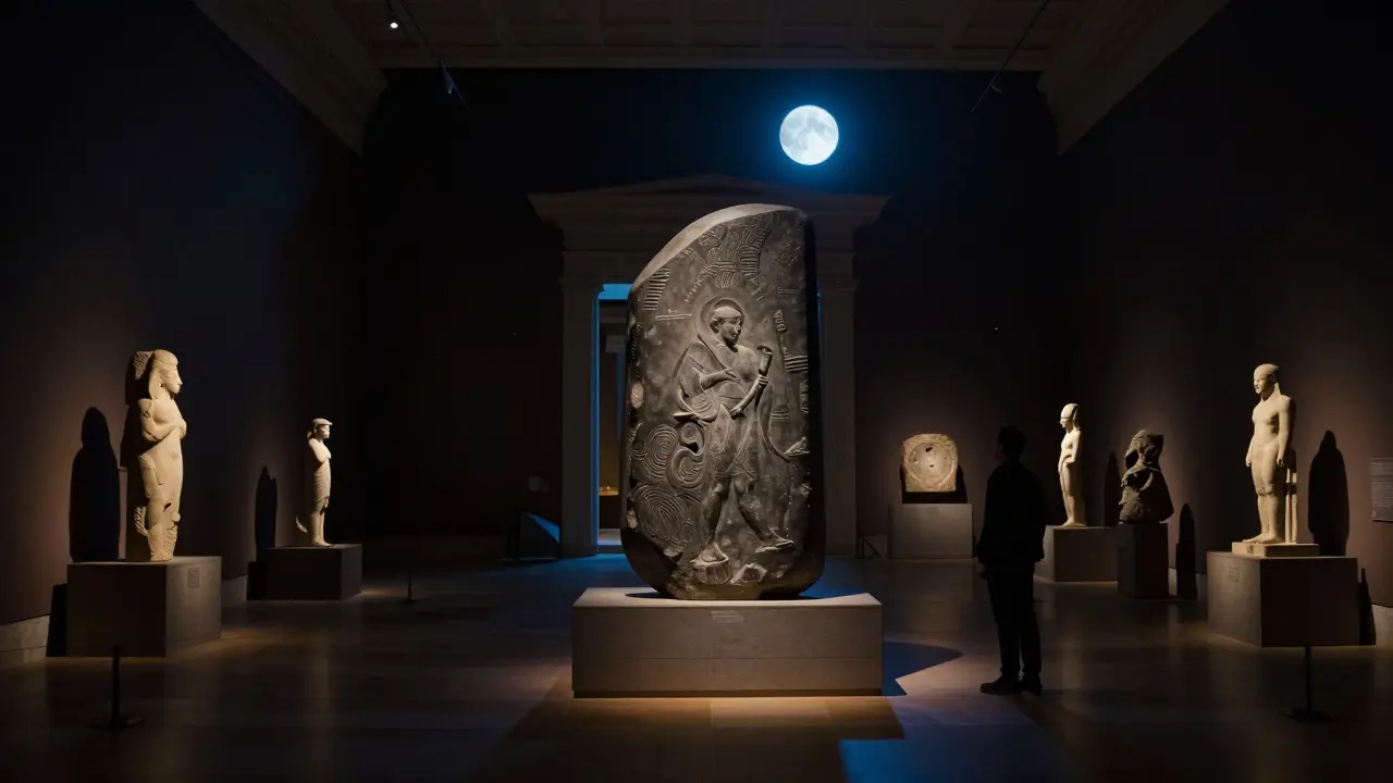 A lone visitor standing before the Rosetta Stone in the empty British Museum at night.