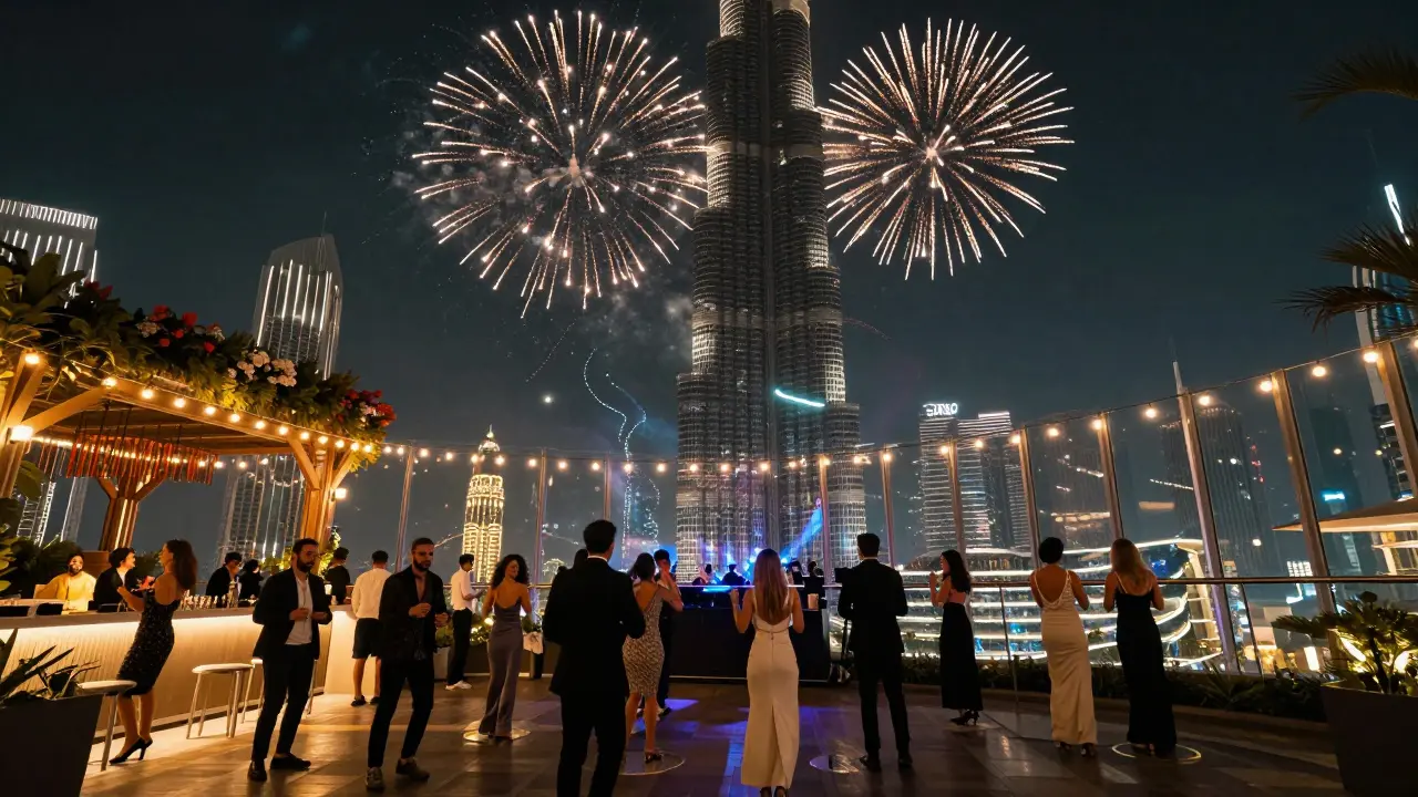 A luxurious rooftop venue with the Burj Khalifa glowing behind dancers, fireworks lighting up the sky above a crowd enjoying deep house music.