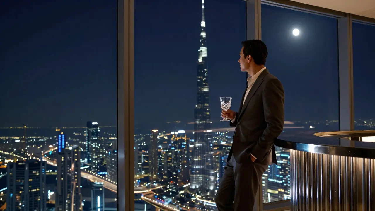 A man alone at a high-rise lounge, gazing at Dubai's glittering skyline while holding a crystal glass of whiskey.