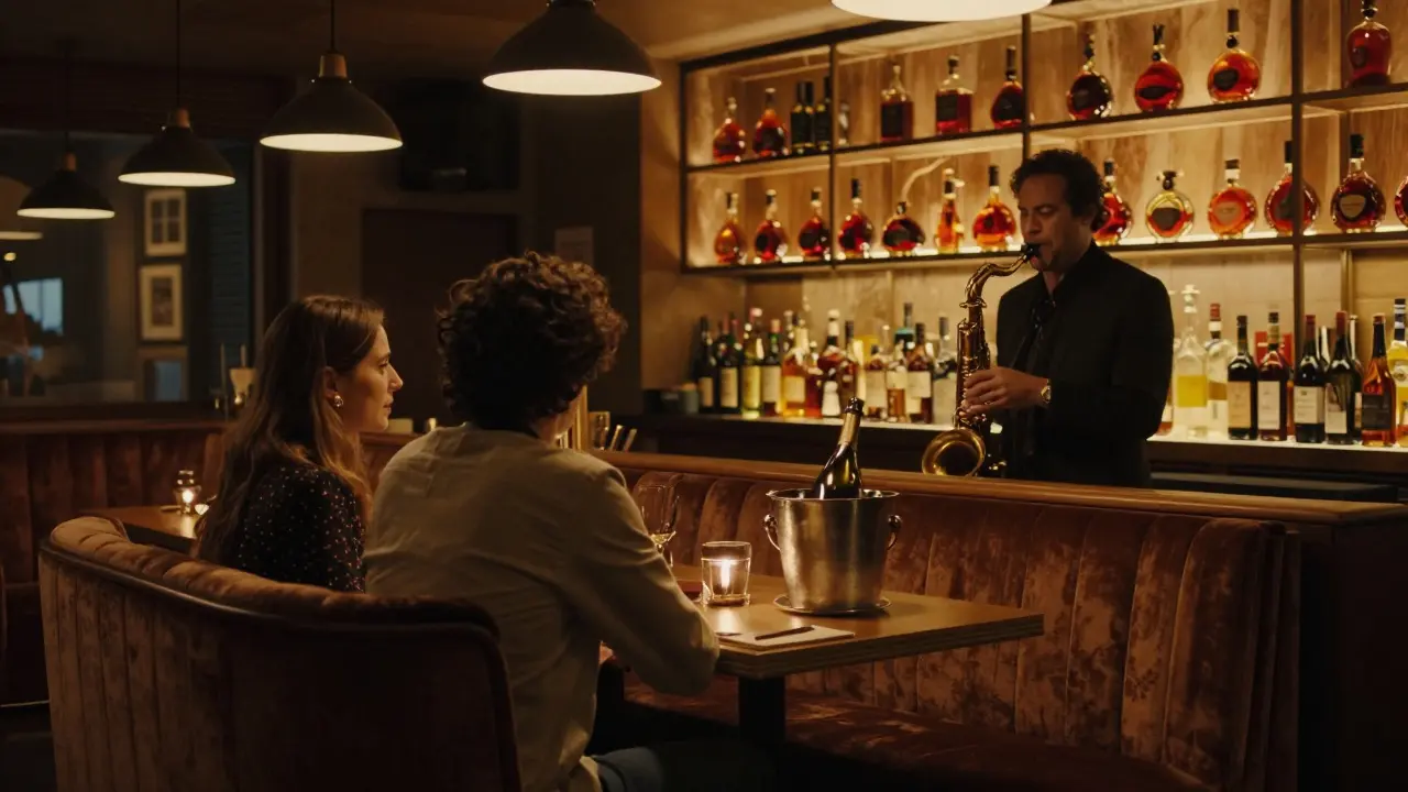 A man and woman sit close together in a dim jazz bar, listening to a saxophone, surrounded by vintage bottles and warm lighting.