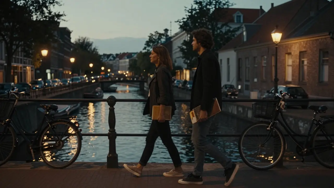 A man and woman walking peacefully along the Canal Saint-Martin at dusk, reflections on the water.