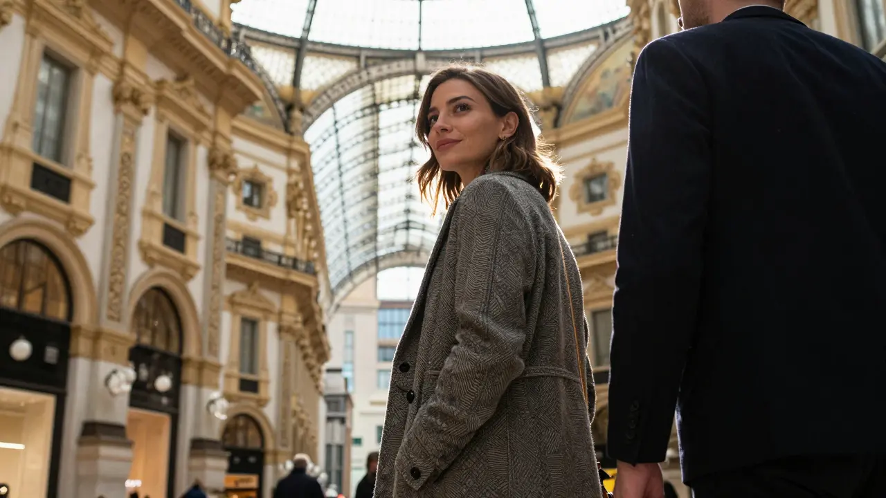 A man and woman walking together through Galleria Vittorio Emanuele II, bathed in daylight under the historic glass ceiling.