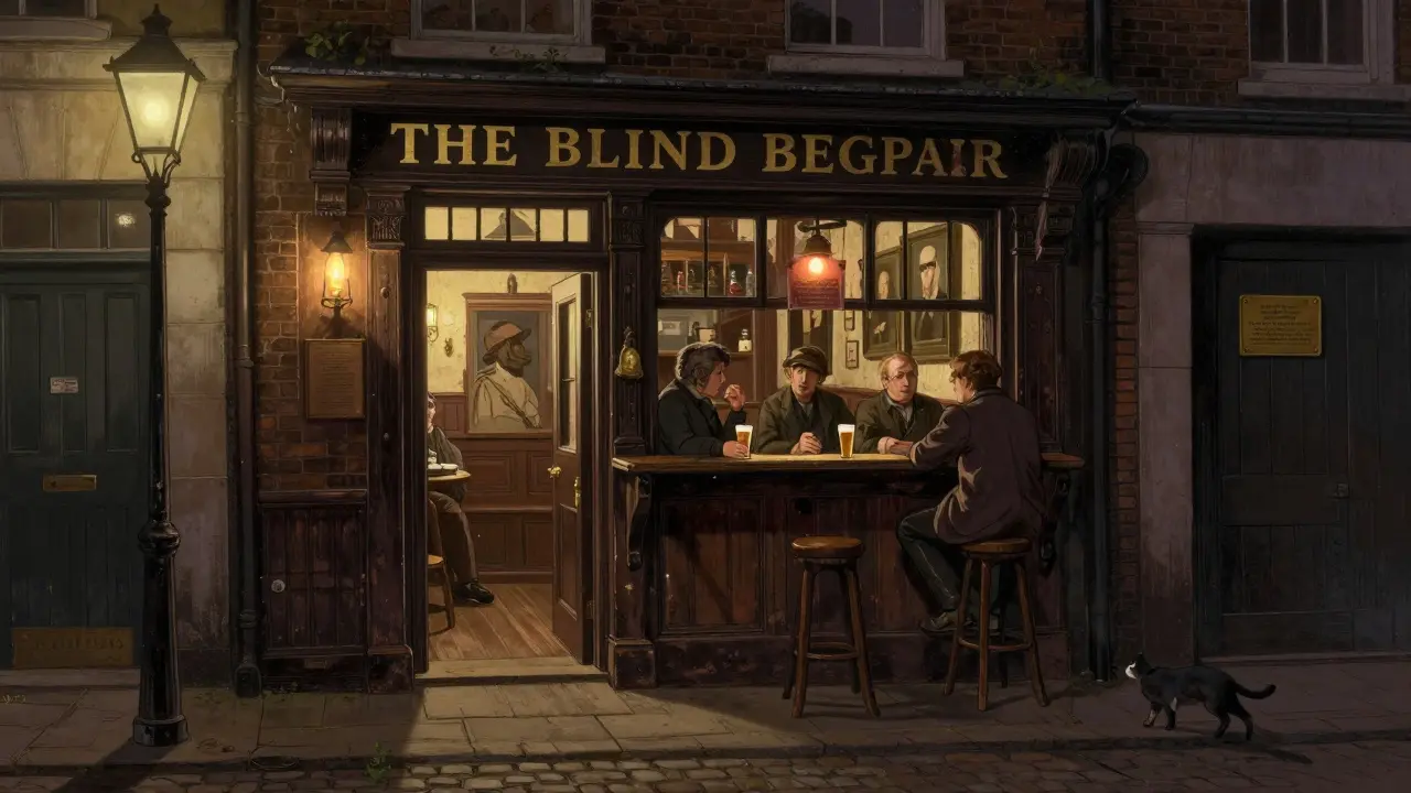 A mysterious Covent Garden pub at night, glowing with candlelight and vintage decor.