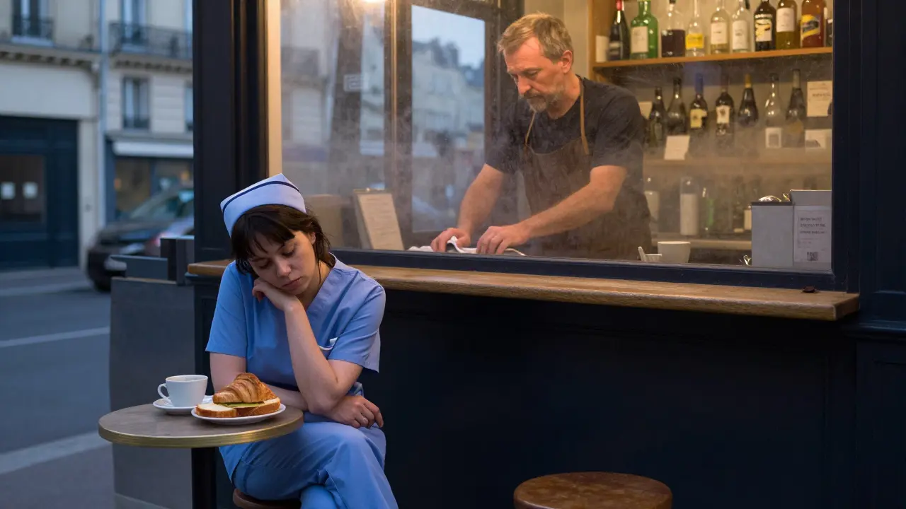 A nurse rests at a 24-hour Paris bistro counter as dawn breaks outside the window.