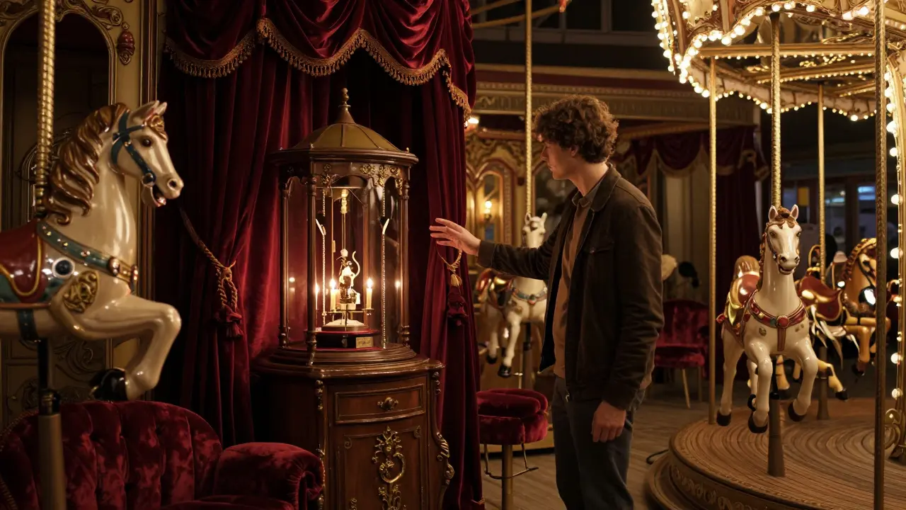 A person marveling at vintage fairground machinery in a candlelit museum chamber filled with antique carousels.