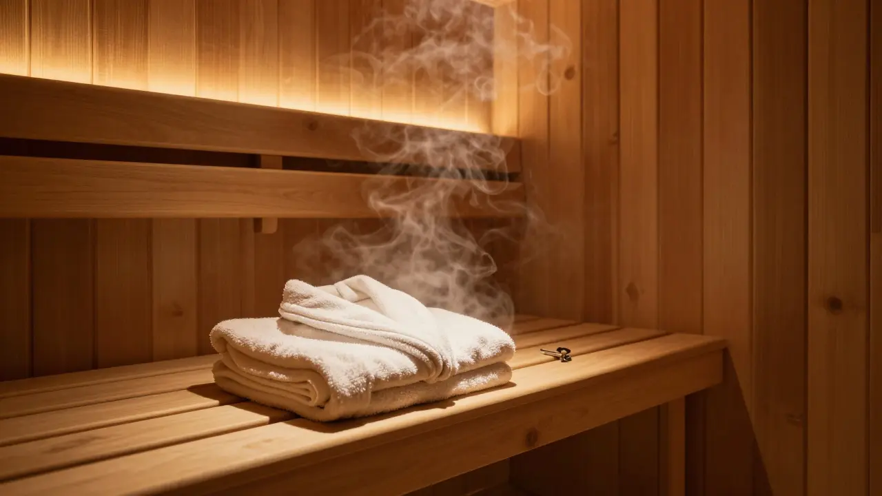 A private sauna in Therme Berlin with steam, robe, and key on a wooden bench, warm amber lighting.