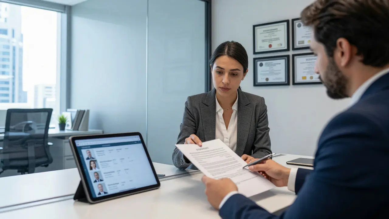A professional meeting in a modern Dubai agency office, focusing on verified client profiles and secure documentation.