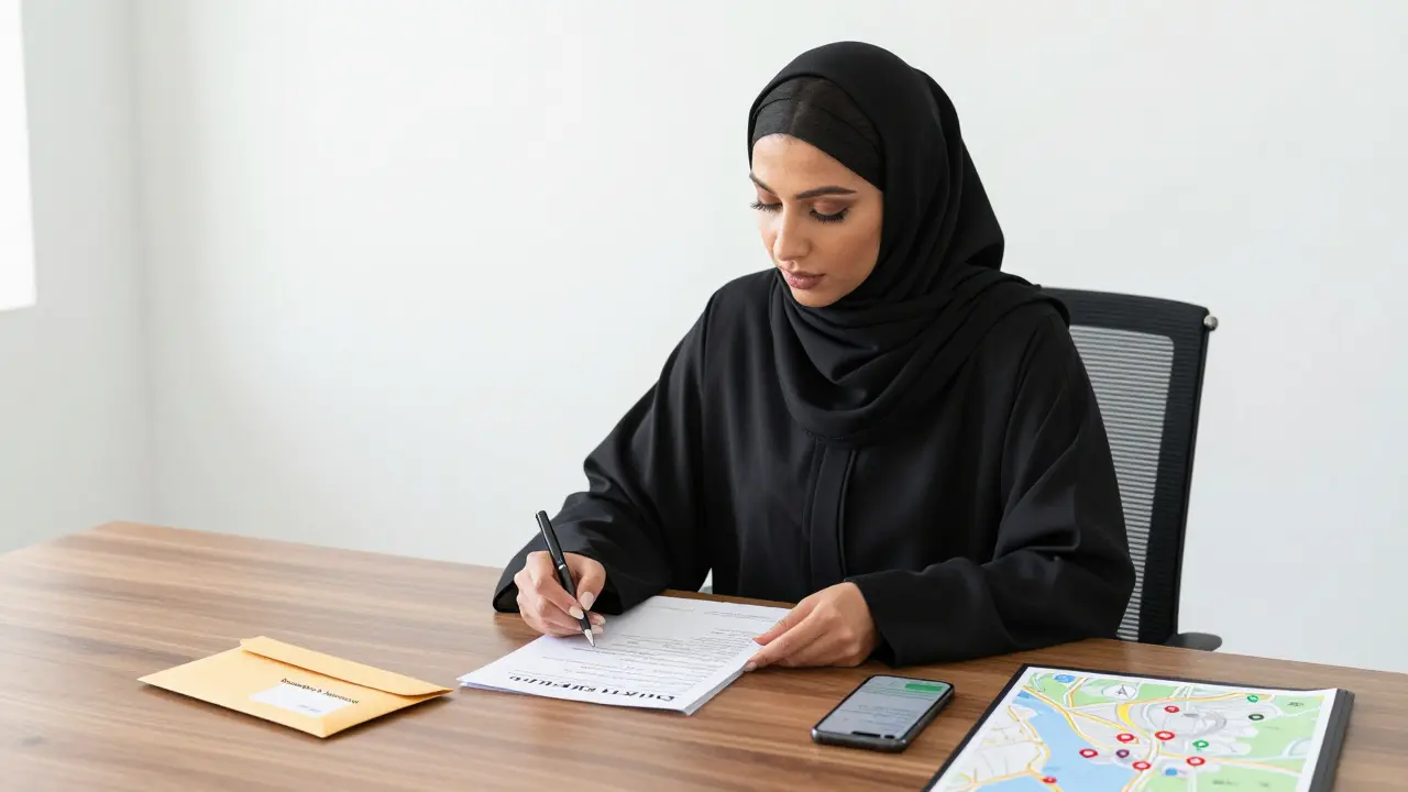 A professional woman reviewing a client itinerary in a minimalist office, with encrypted messages and a map visible.