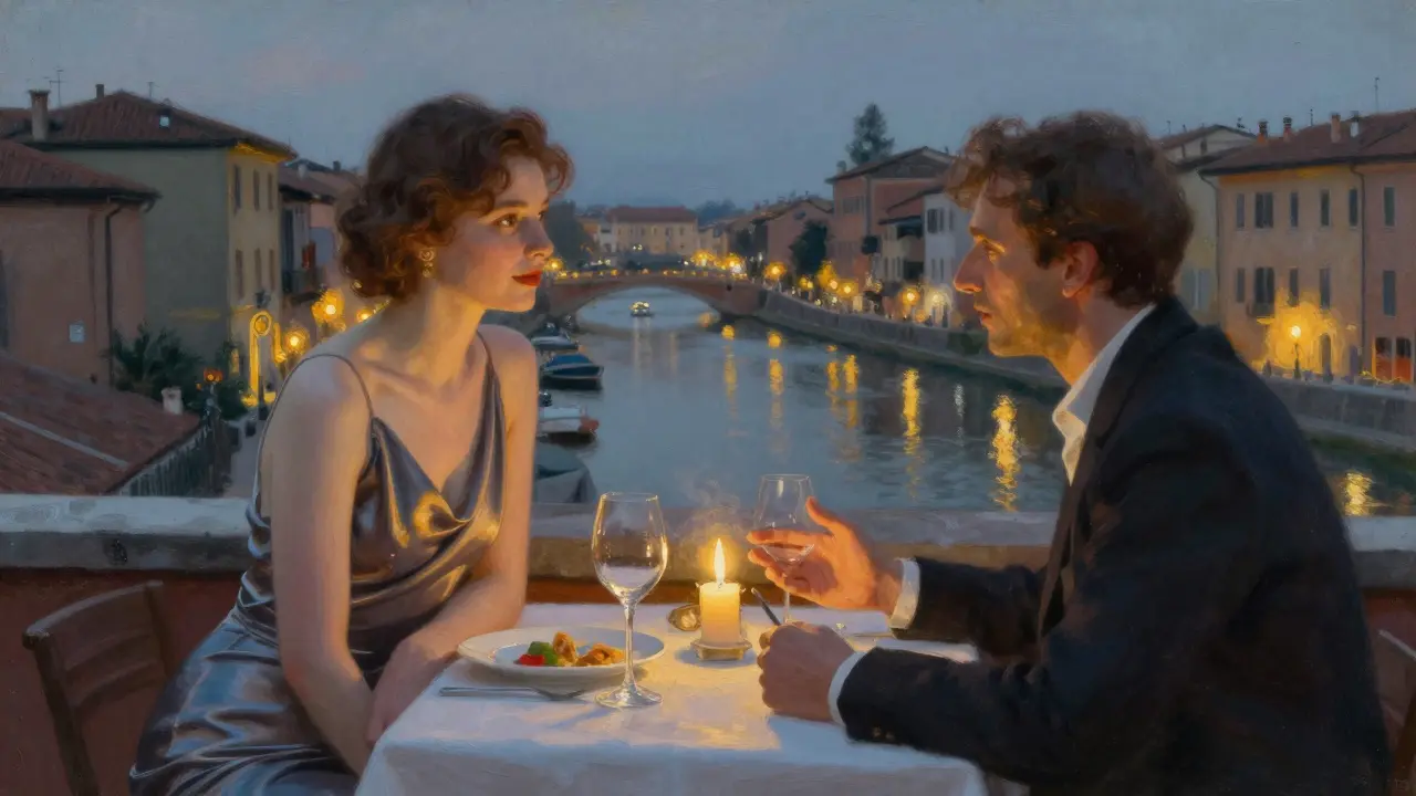 A quiet rooftop dinner in Milan where a woman and man share a moment of deep emotional connection.