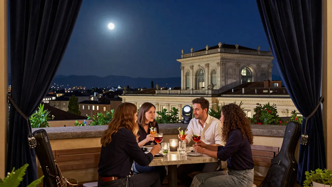 A quiet rooftop terrace at night with guests sipping cocktails under the stars near a museum.